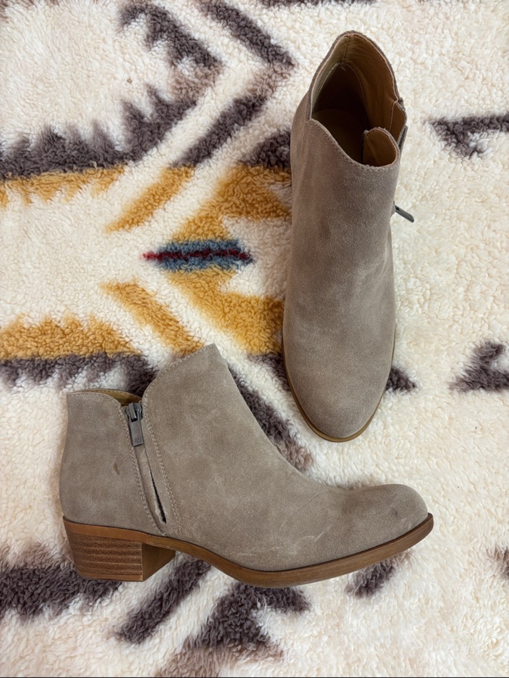 Lucky Brand Taupe Suede Ankle Booties with Low Stacked Heel